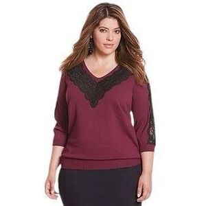 Lane Bryant Plus Size 26 28‎ Top Knit Burgundy Black Lace Sweater V Neck 639